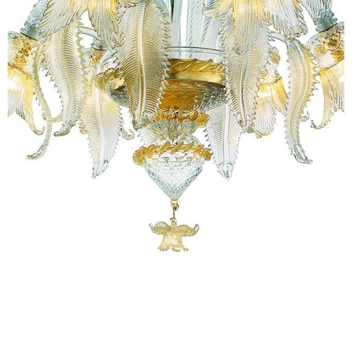 Aufwendig verzierter Kronleuchter aus klarem und vergoldetem Muranoglas mit Blumenmuster – Italienisches Design