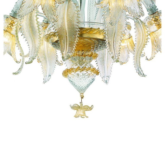 Image 1 of Aufwendig verzierter Kronleuchter aus klarem und vergoldetem Muranoglas mit Blumenmuster – Italienisches Design