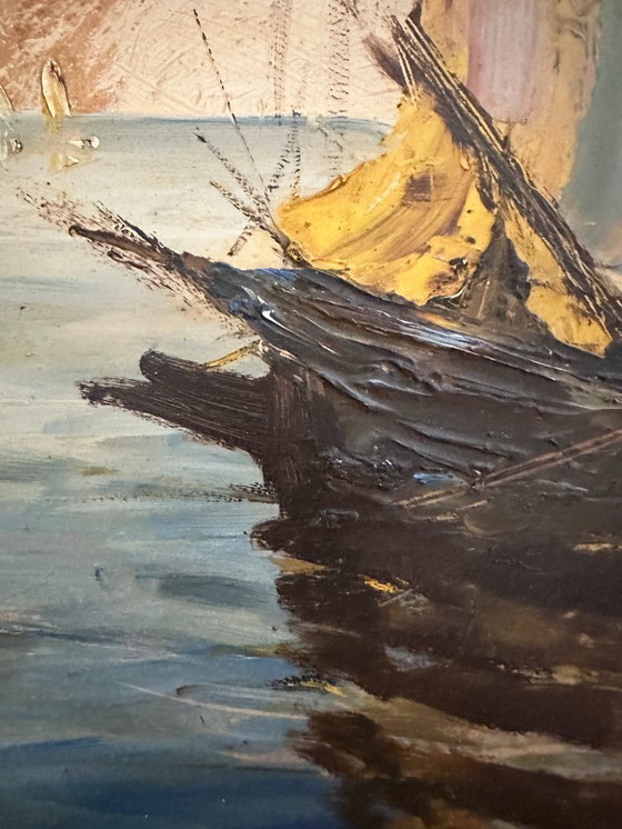 Image 1 of Sehr altes impressionistisches Ölgemälde eines Mittelmeerhafens