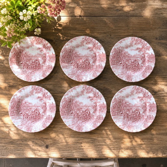 Image 1 of Antieke Engelse Myott Staffordshire borden, roze aardewerk.