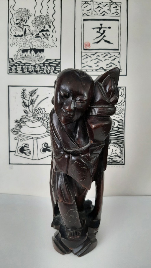 Antiek Chinees houten beeld, 1920 met zilverinleg