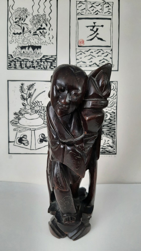 Image 1 of Antiek Chinees houten beeld, 1920 met zilverinleg