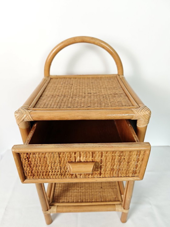 Image 1 of Vintage Rattan Bedside Table / 1970s Bamboo Nightstand / Boho Side Table with Drawer / Wicker Furniture / Coastal Bohemian Decor