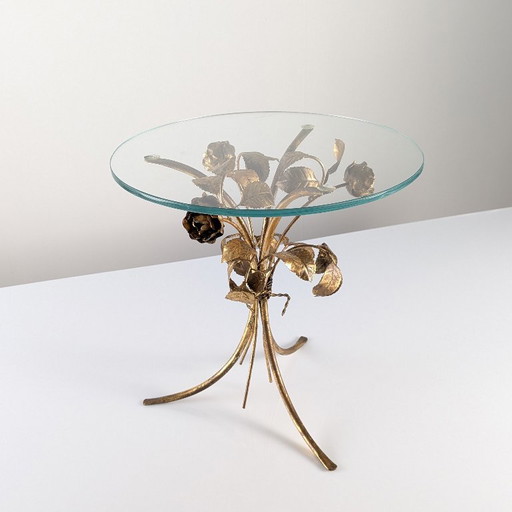 Table d'appoint Mid-Century en métal doré rose floral années 70