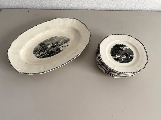 Bowl with 7 plates by Societe Ceramique Maastricht with the design Landscape.