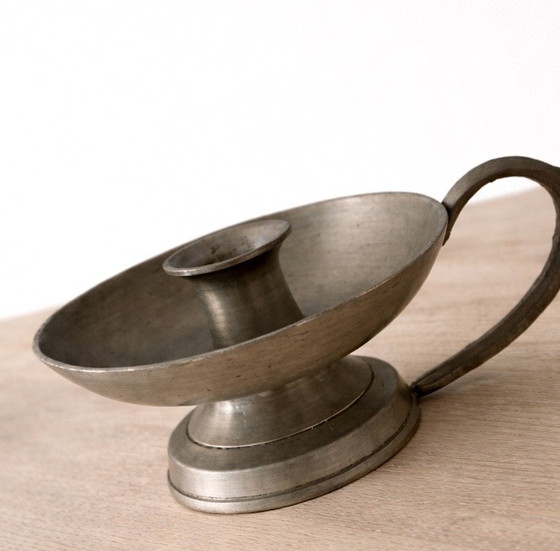 Image 1 of Antique patinated pewter candlestick – 19th century hand candlestick