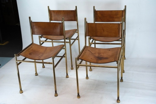 Set van 4 messing en lederen stoelen van Luciano Frigerio, Italië, jaren 70.