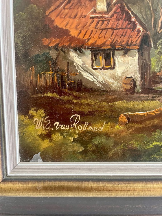 Image 1 of Cuadro de época firmado W.E. van Rolland - Paisaje rural - Óleo sobre tabla - Marco de madera