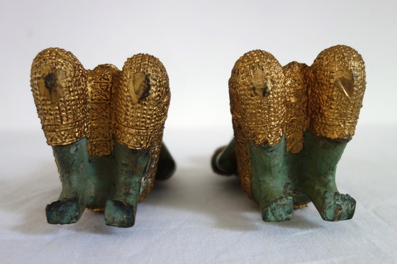 Image 1 of Couple de Statues Thephanom en Bronze Doré, Thaïlande, Années 40