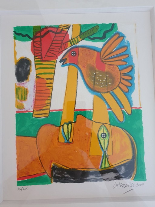 Sérigraphie Corneille Tête Pensive, Soleil Rouge