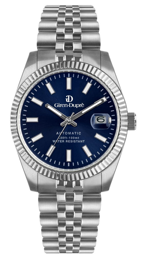 Giren Dupre Solodata 39 automatic steel watch with blue sunray dial