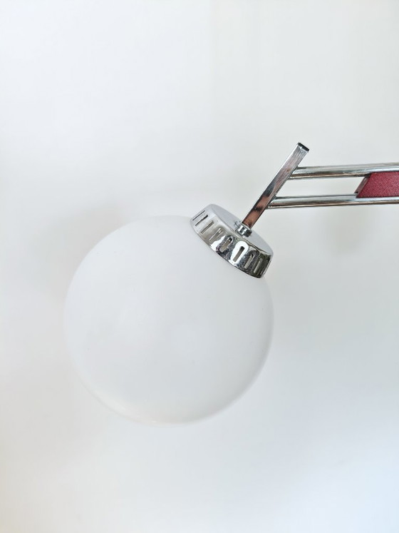 Image 1 of Vintage Chandelier With Opal Glass Globes / Mid Century Modern 3-Arm Pendant Light / Chrome Retro Ceiling Lamp 1960s