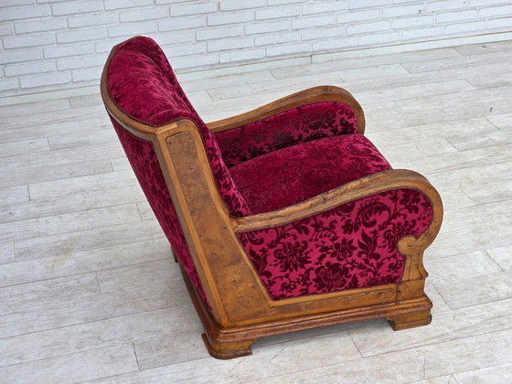 Image 1 of Anni '50, poltrona relax danese, velluto rosso per mobili, legno di quercia.
