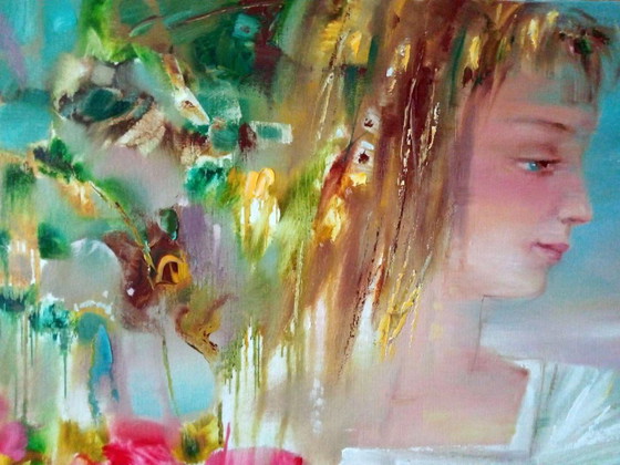 Original Oil Painting Abstract Expressionism Figurative Girl Bird Summer Day – Paintings & Drawings, Canvas (photo 9 of 10)