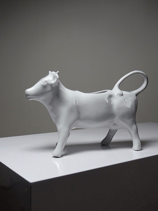 Pot À Lait, Crémier, Porcelaine De Limoges Blanche Zoomorphe, Vache Vintage