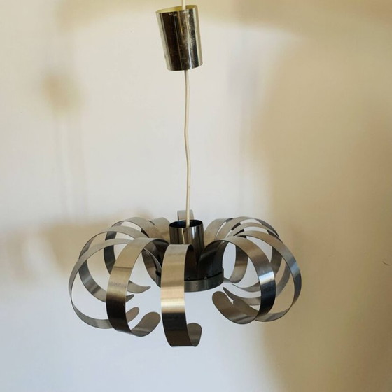 Image 1 of Suspension vintage fleur en rubans d’inox – Space Age années 1970