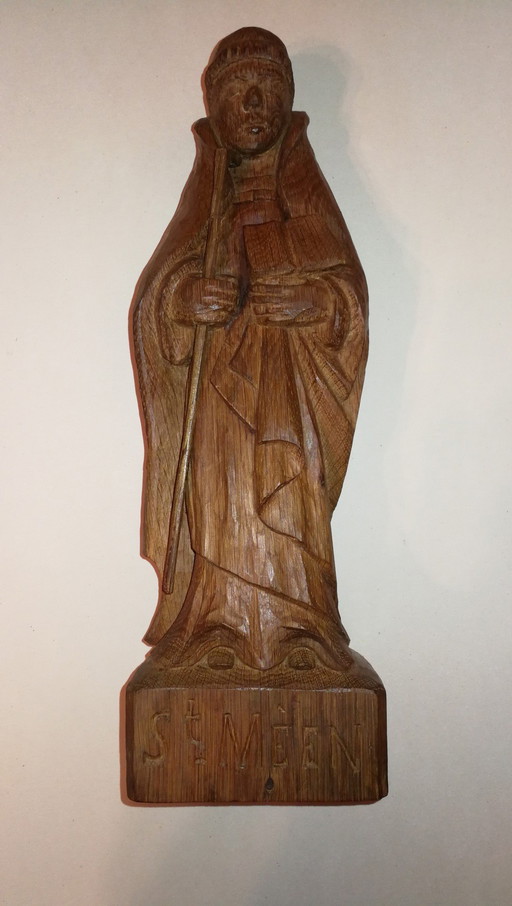 Vintage Antique Solid Carved Wood Statuette l'Abbé St Méen / 50's