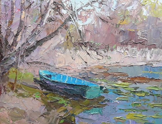 Original Oil Painting Nature Landscape Forest River Blue Boat – Paintings & Drawings, Canvas (photo 4 of 8)