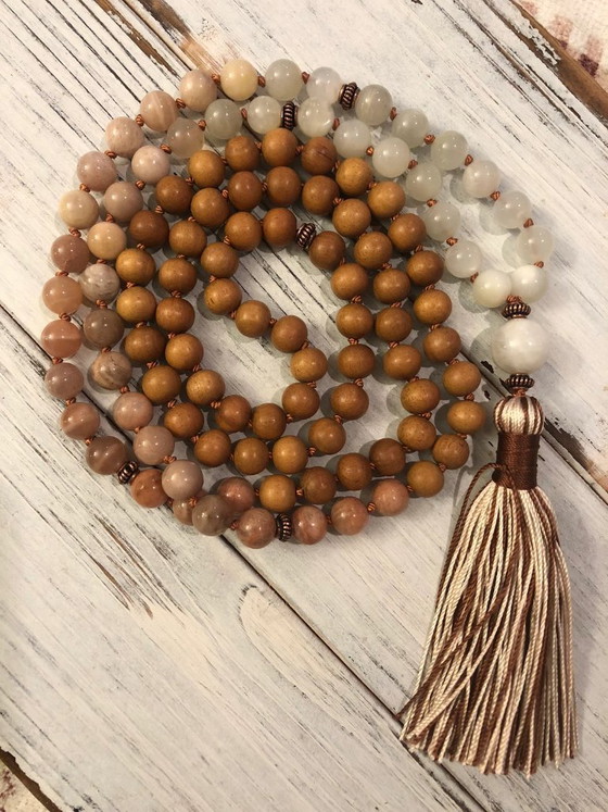 Image 1 of Divine Sandalwood Moonstone Mala, 108 Mala Beads, Buddhist Prayer, Meditation, Femine Energy, Goddess, Awareness Tranquility Div