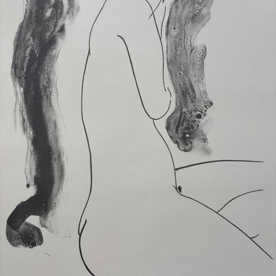 Image 1 of Lithographie d'Alain Bonnefoit, grand nu de style sumi-e japonais, France, 1991