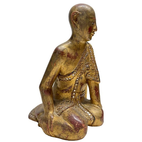 Antique Burmese Monk Statue – Hand-carved Teak Wood with Gold Leaf – 26 cm – Sculpture, Glass (photo 2 of 10)