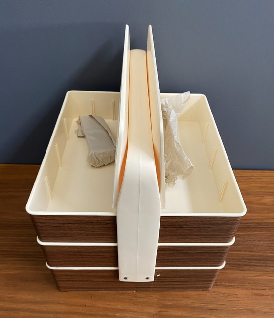 Image 1 of 1970s plastic brown sewing box in original box