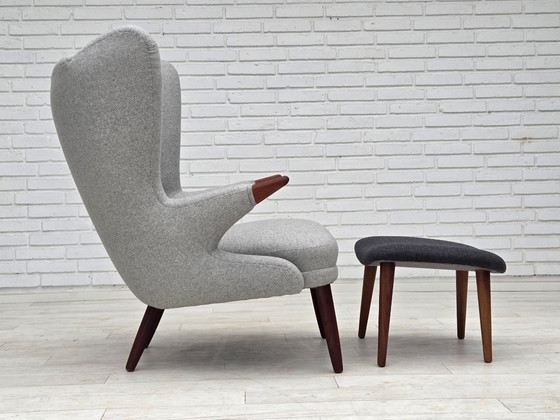 Image 1 of 1960er Jahre, dänischer „Teddy-Stuhl“ mit Hocker, neu gepolstert, Wolle, Teakholz.