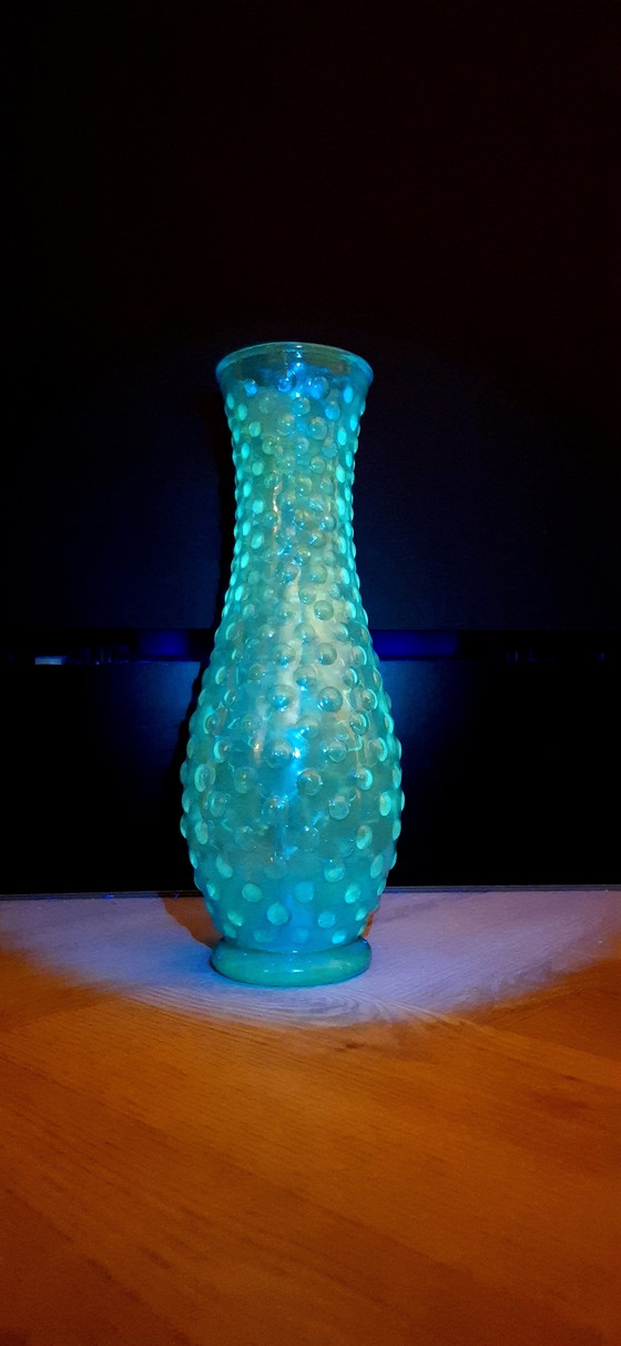 Image 1 of Vintage Empoli Hobnail Vaas Blauw Glas UV Reactief Italië 1960