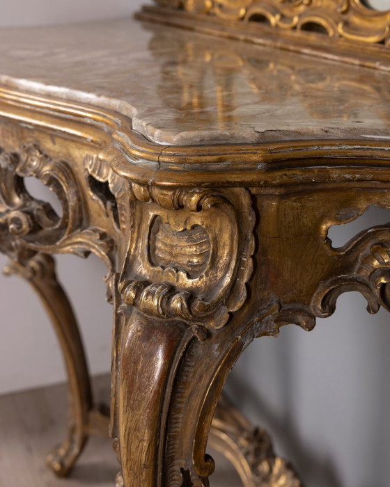 Antique classic style console table in wood decorated with mirror from the late 19th century, Gold (photo 5 of 21)