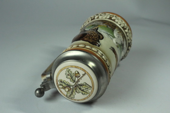 Image 1 of Original Gerz Chope à bière Faïence Avec couvercle en étain Aigle dans un motif de montagne, vintage
