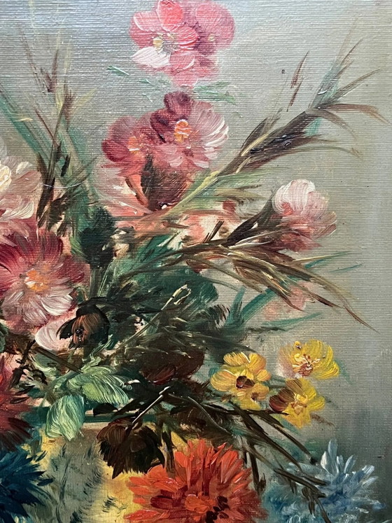 Stilleven met bloemen. Olieverf op doek. Gesigneerd door de kunstenaar. – Schilderijen & Tekeningen, Canvas (photo 4 of 8)