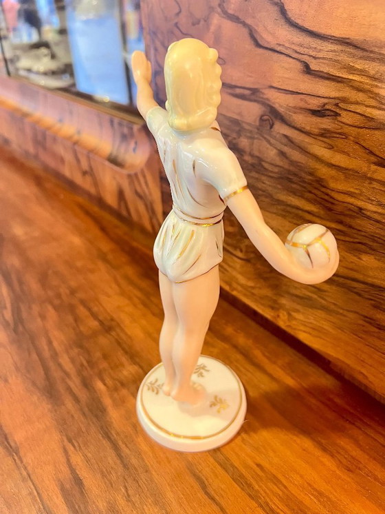 Image 1 of Art Deco porcelain figurine, Neuendorf decorative porcelain &quot;Girl with Ball&quot; aka &quot;Volleyball Player,&quot; circa 