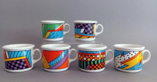 6 abstrakte/postmoderne Kaffeetassen, IPA, Italien, 1990er Jahre – selten!