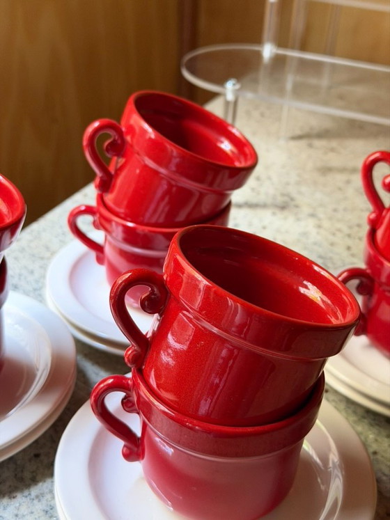 Vintage Huizen Holland Red Espresso Cups & Saucers Set | MCM Dutch Pottery MCM Kitchen Decor – Servies (photo 11 of 13)