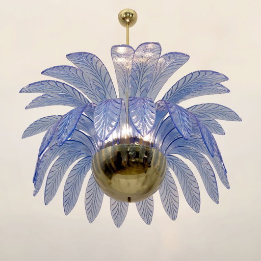 Mid-Century Modern Palm Leaves Big Chandelier Murano Glass and Brass