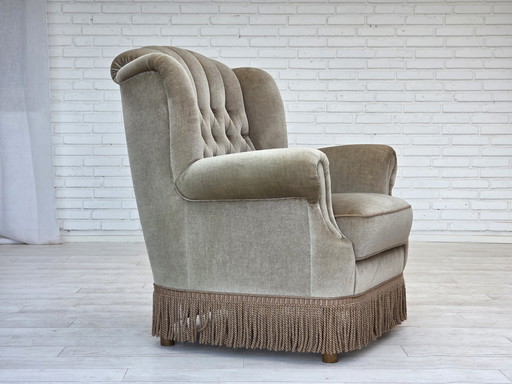 1970s Danish Armchair, Original Condition, Furniture Velour, Beech Wood