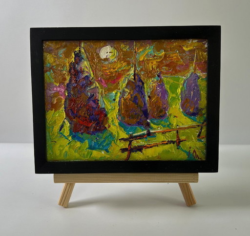 Original Oil Painting Summer Morning Landscape Bright Night Over The Field – schilderijen tekeningen, Canvas