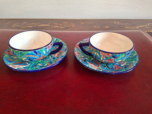 Tête à tête, Set bestehend aus 2 Teetassen und Untertassen aus Longwy-Emaille