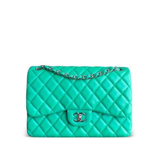 Borsa Chanel Classic Flap Jumbo - Doppia patta 30 cm in pelle di agnello trapuntata verde con finiture argentate, serie 16