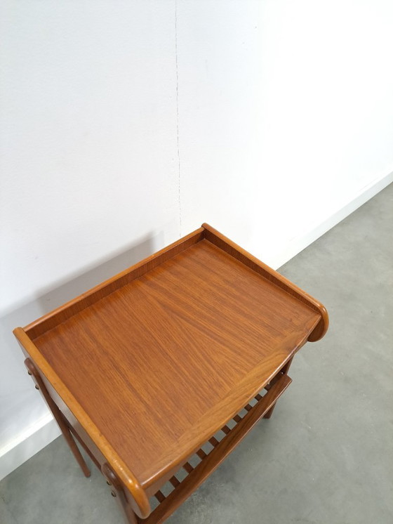 Image 1 of Teak veneer bedside table set with drawer from Sweden