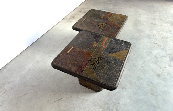 Vintage brutalist slate stone nesting by Laub, 1980s – Side tables, Brass (photo 7 of 10)