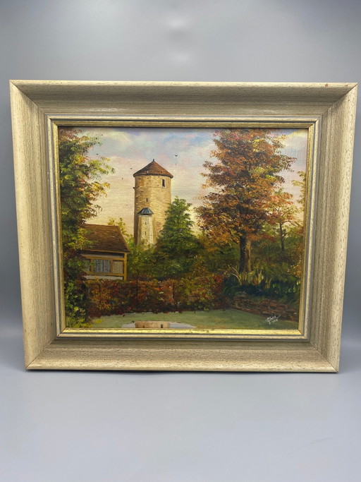 Oil on canvas signed J. André 1968, autumnal landscape with medieval tower – decoratieve objecten, Wood, Gold