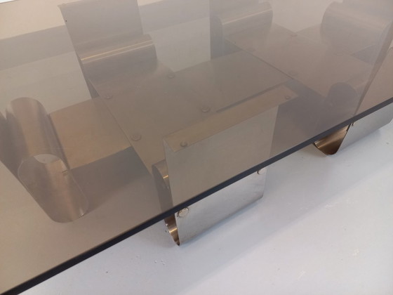Image 1 of Large rectangular coffee table by François Monnet, vintage Space Age style, in steel and smoked glass from the 1970s