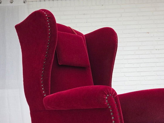 Image 1 of 1960s, Danish highback wingback armchair, cherry-red furniture velour.