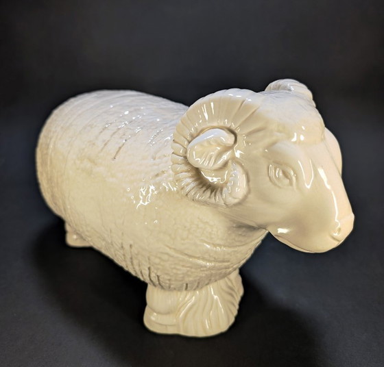 Large Cream Glazed Ceramic Ram – 30 cm – Sculpture (photo 2 of 10)