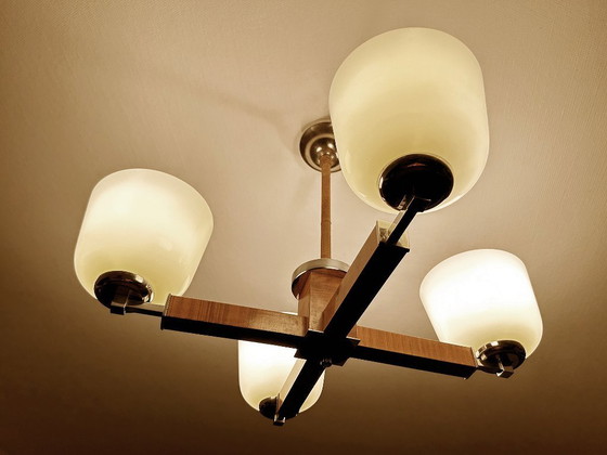 Image 1 of Lampe pendante Art Déco en bois et verre chromé