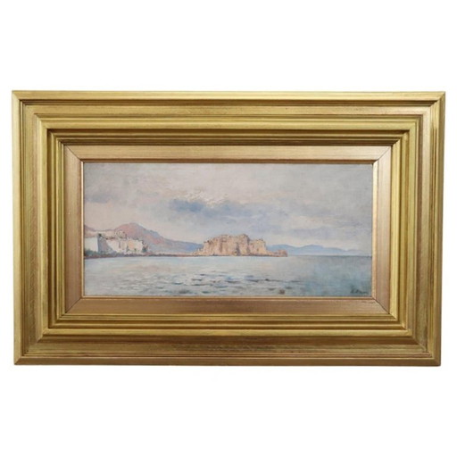 View of the Gulf of Naples, Oil Painting on Board, Italy Early 20th Century, Signed