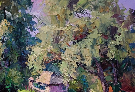 Original Oil Painting Rural Summer Landscape Village House Among Greenery – Paintings & Drawings, Canvas (photo 5 of 7)