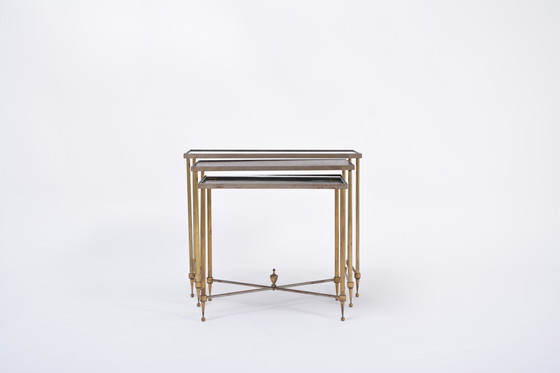 Image 1 of Hollywood Regency Brass and Glass Nesting Tables in the Style of Maison Jansen, Set of 3