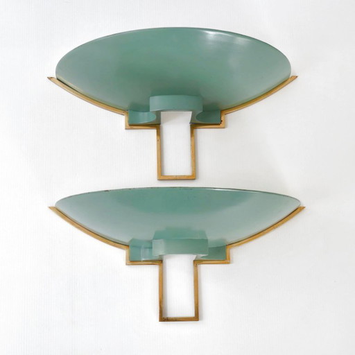PAIR OF VINTAGE 1940s-1950s METAL & BRASS WALL LIGHTS BY JEAN PERZEL JULES LELEU